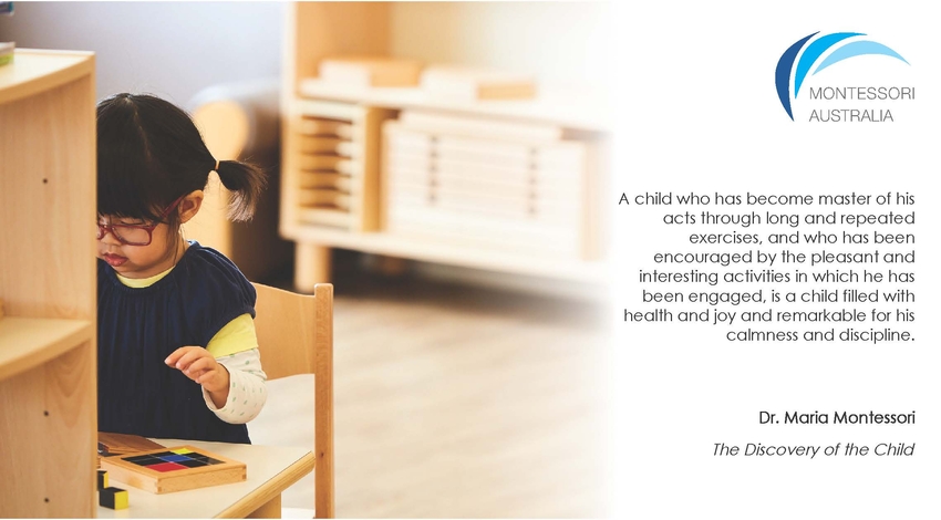 Young girl at table working on Montessori material