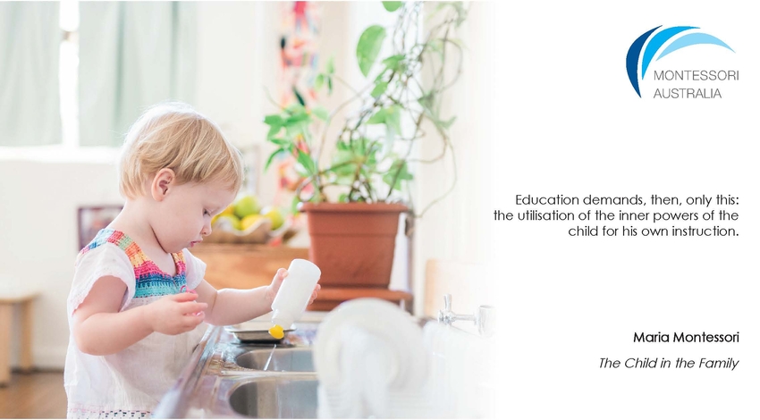 Young child washing up in Montessori classroom 