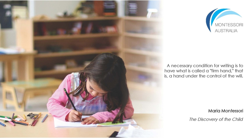 Child writing in a Montessori classroom