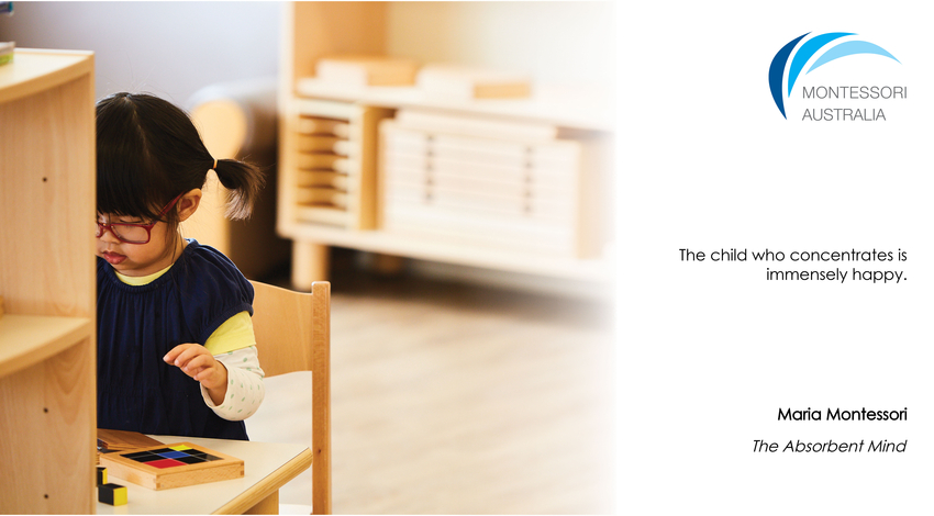 Young child in Montessori classroom concentrating on materials