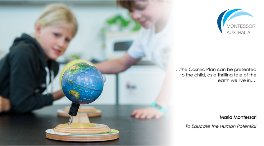 Children in a Montessori classroom looking at a globe